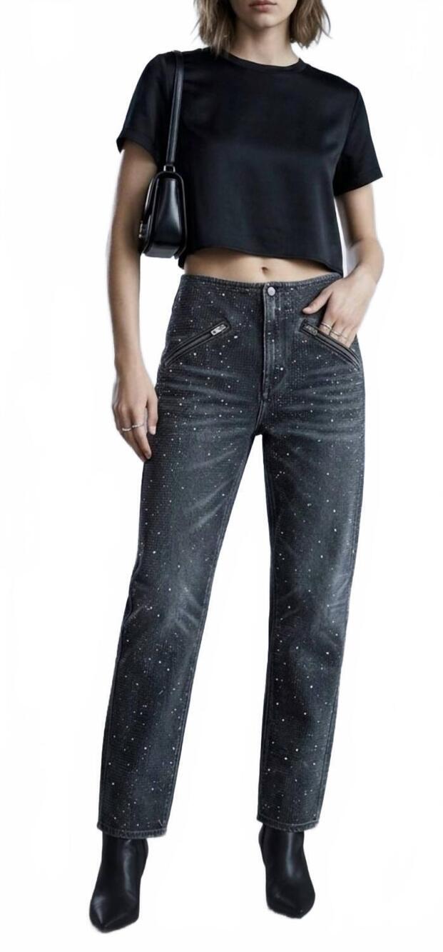NEW ALEXANDER WANG moto pant all over clear bead jeans in black crackel indigo